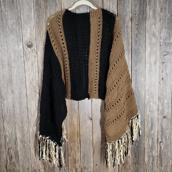 NEW Black Brown Colorblock Hand Knitted Shawl Scarf Wrap Boho Hippie Handmade - Picture 3 of 9